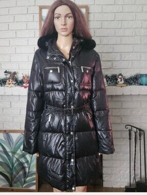 Michael Kors Down Black Quilted Long Puffer Coat Hooded Belted Jacket Long Line